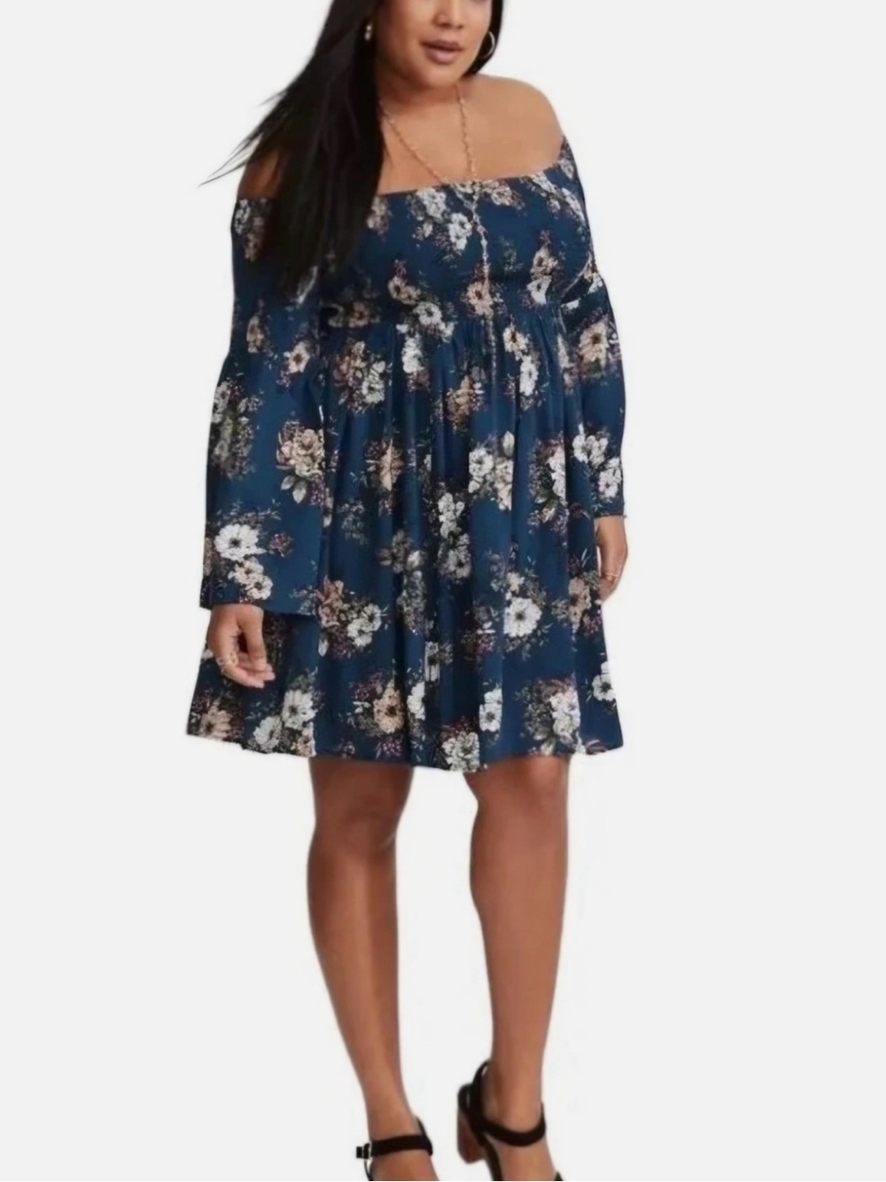 🆕 Torrid Off The Shoulder Smocked Babydoll Dress With Bell Sleeves Size 1